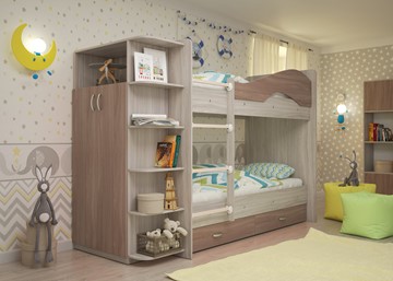 Детская двухъярусная кровать ТМК Мая на щитах со шкафом и ящиками, корпус Шимо светлый, фасад Шимо темный в Абакане