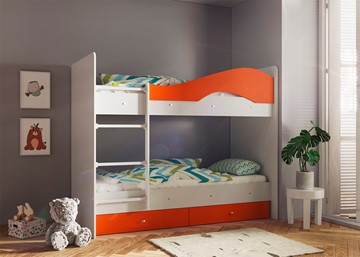 Детская 2-этажная кровать Мая с 2 ящиками на щитах, корпус Млечный дуб, фасад Оранжевый в Абакане