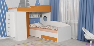 Кровать-чердак детская Кадет-2 с металлической лестницей, корпус Белое дерево, фасад Оранжевый в Абакане