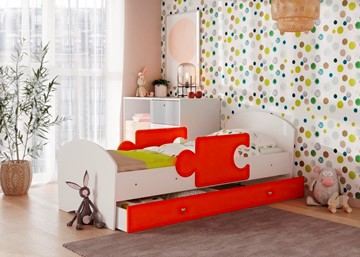 Кровать детская с ящиком и бортиками Мозайка, корпус Белый/фасад Оранжевый (ламели) в Абакане