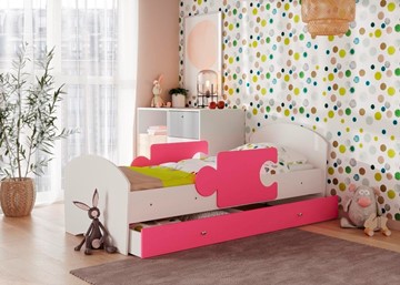 Детская кровать с бортиками и ящиком Мозайка, корпус Белый/фасад Розовый (ламели) в Абакане