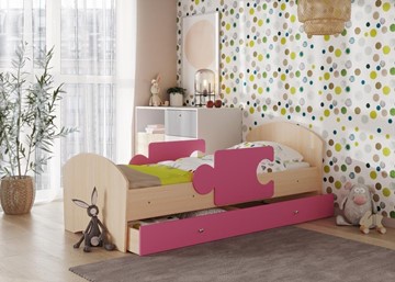 Детская кровать с бортиками и ящиком Мозайка, корпус Млечный дуб/фасад Розовый (щиты) в Абакане
