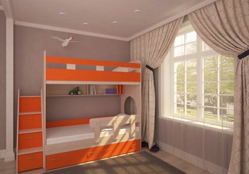 Детская 2-ярусная кровать Ярофф Юниор-1 с бортом, каркас Дуб, фасад Оранжевый в Абакане