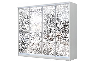 Шкаф-купе 4-х створчатый 22-24/2-6666, Пескоструйный рисунок "Лист", Белый в Абакане