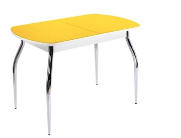 Кухонный стол ПГ-04 СТ2, белое/желтое стекло/35 хром гнутые металл в Абакане