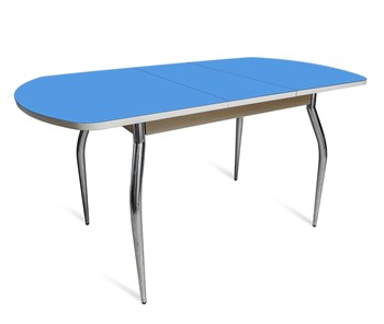 Раздвижной стол ПГ-02 СТ2, дуб молочный/синие стекло/35 хром гнутые металл в Абакане