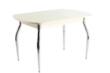 Стеклянный обеденный стол ПГ-05 СТ1, дуб молочный/песочное стекло/35 хром гнутые металл в Абакане
