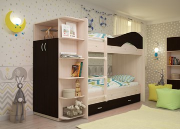 Детская 2-ярусная кровать Мая на щитах со шкафом и ящиками, корпус Млечный дуб, фасад Венге в Абакане - предосмотр