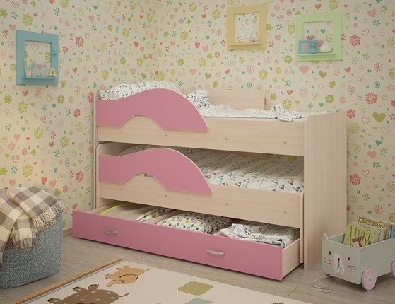 Детская 2-х ярусная кровать Радуга 1.6 с ящиком, корпус Млечный дуб, фасад Розовый в Абакане - изображение