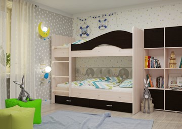Детская  двухъярусная кровать Мая с 2 ящиками на щитах, корпус Млечный дуб, фасад Венге в Абакане - предосмотр 1
