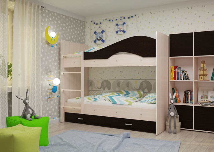 Детская  двухъярусная кровать Мая с 2 ящиками на щитах, корпус Млечный дуб, фасад Венге в Абакане - изображение 1