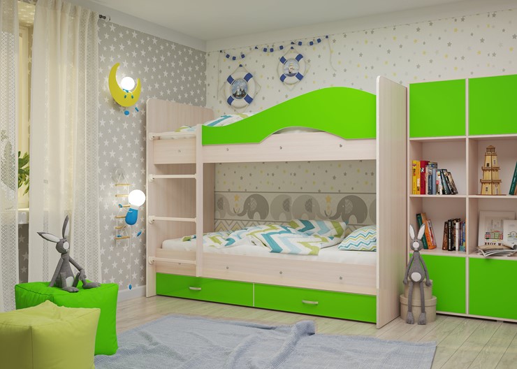 Детская 2-этажная кровать Мая на щитах, корпус Млечный дуб, фасад Салатовый в Абакане - изображение 2