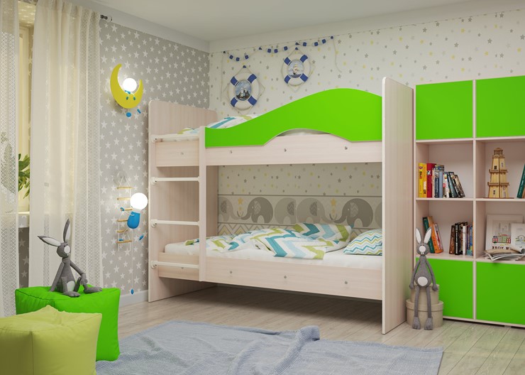 Детская 2-этажная кровать Мая на щитах, корпус Млечный дуб, фасад Салатовый в Абакане - изображение 1