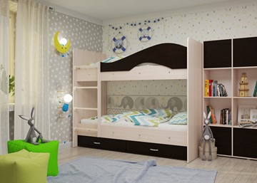 Детская 2-ярусная кровать Мая на щитах со шкафом и ящиками, корпус Млечный дуб, фасад Венге в Абакане - предосмотр 1