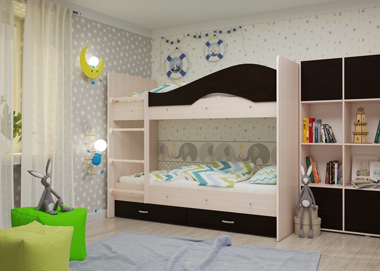 Детская 2-ярусная кровать Мая на щитах со шкафом и ящиками, корпус Млечный дуб, фасад Венге в Абакане - изображение 1