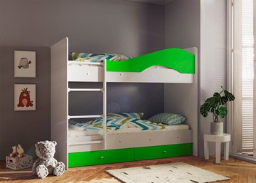 Двухэтажная детская кровать Мая с 2 ящиками на щитах, корпус Млечный дуб, фасад Салатовый в Абакане - предосмотр