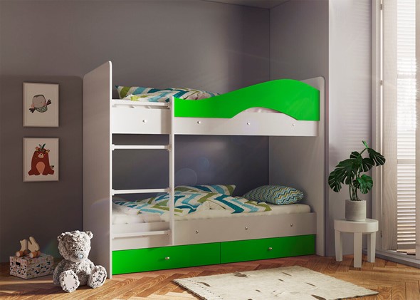 Двухэтажная детская кровать Мая с 2 ящиками на щитах, корпус Млечный дуб, фасад Салатовый в Абакане - изображение