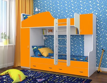 Детская двухэтажная кровать Юниор-2, каркас Белое дерево, фасад Оранжевый в Абакане