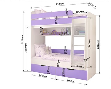Детская двухэтажная кровать Юниор-5, каркас Белое дерево, фасад Ирис в Абакане - предосмотр 1