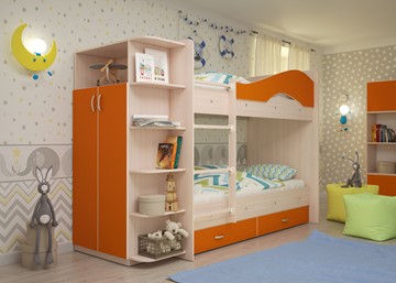 Кровать двухъярусная Мая на щитах со шкафом и ящиками, корпус Млечный дуб, фасад Оранжевый в Абакане