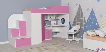 Детская кровать-чердак Кадет-1, корпус Белое дерево, фасад Розовый в Абакане - предосмотр