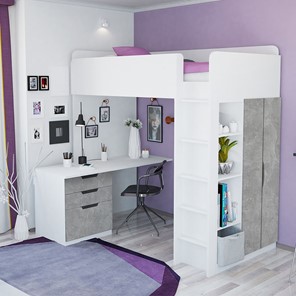 Детская кровать с письменным столом и шкафом POLINI Kids Simple Белый / Бетон в Абакане - предосмотр 1