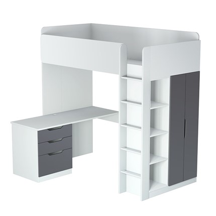 Кровать-чердак с письменным столом и шкафом POLINI Kids Simple Белый / Серый в Абакане - изображение