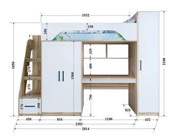 Детская кровать-чердак с шкафом Тея, каркас Винтерберг, фасад Зира в Абакане - предосмотр 1