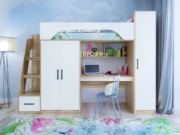 Кровать-чердак в детскую с шкафом Тея, каркас Ясень, фасад Белый в Абакане - изображение
