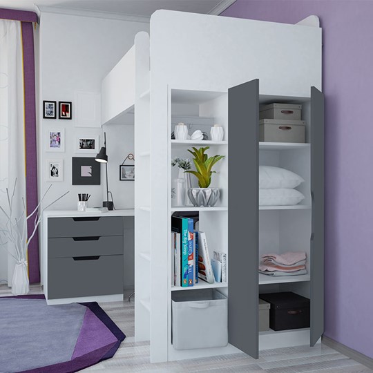 Кровать-чердак с письменным столом и шкафом POLINI Kids Simple Белый / Серый в Абакане - изображение 1