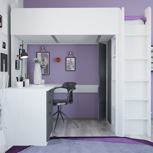 Кровать-чердак с письменным столом и шкафом POLINI Kids Simple Белый / Серый в Абакане - изображение 2