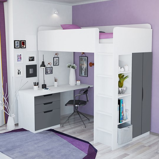 Кровать-чердак с письменным столом и шкафом POLINI Kids Simple Белый / Серый в Абакане - изображение 3