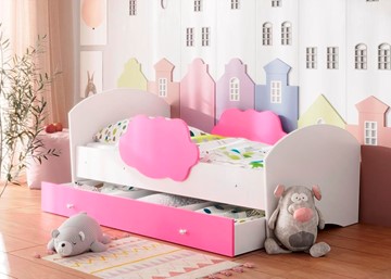 Детская кровать с бортиками Тучка с ящиком, корпус Белый, фасад Розовый в Абакане