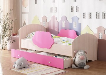 Детская кровать с бортиками Тучка с ящиком, корпус Дуб млечный, фасад Розовый в Абакане