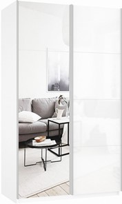 Шкаф Прайм (Зеркало/Белое стекло) 1400x570x2300, белый снег в Абакане