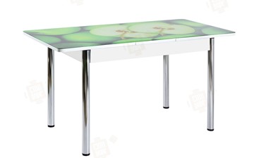 Кухонный раскладной стол Айсберг-01 СТФ, белый/фотопечать зеленые яблоки/ноги хром круглые в Абакане