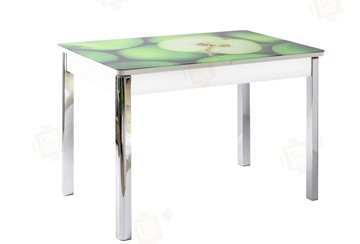 Кухонный стол раздвижной Айсберг-01 СТФ, белый/фотопечать зеленые яблоки/ноги хром квадратные в Абакане