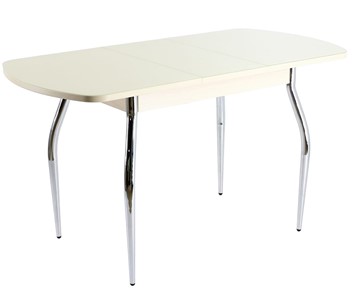 Кухонный раздвижной стол ПГ-01 СТ1, дуб молочный/белое стекло/35 хром гнутые в Абакане