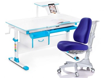 Комплект растущая парта + стул Mealux EVO Evo-40 BL (арт. Evo-40 BL + Y-528 SB) / (стол+полка+кресло) / белая столешница / цвет пластика голубой в Абакане